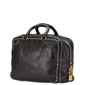 Prada shoulder studded black triangular logo plaque bag handbag leather